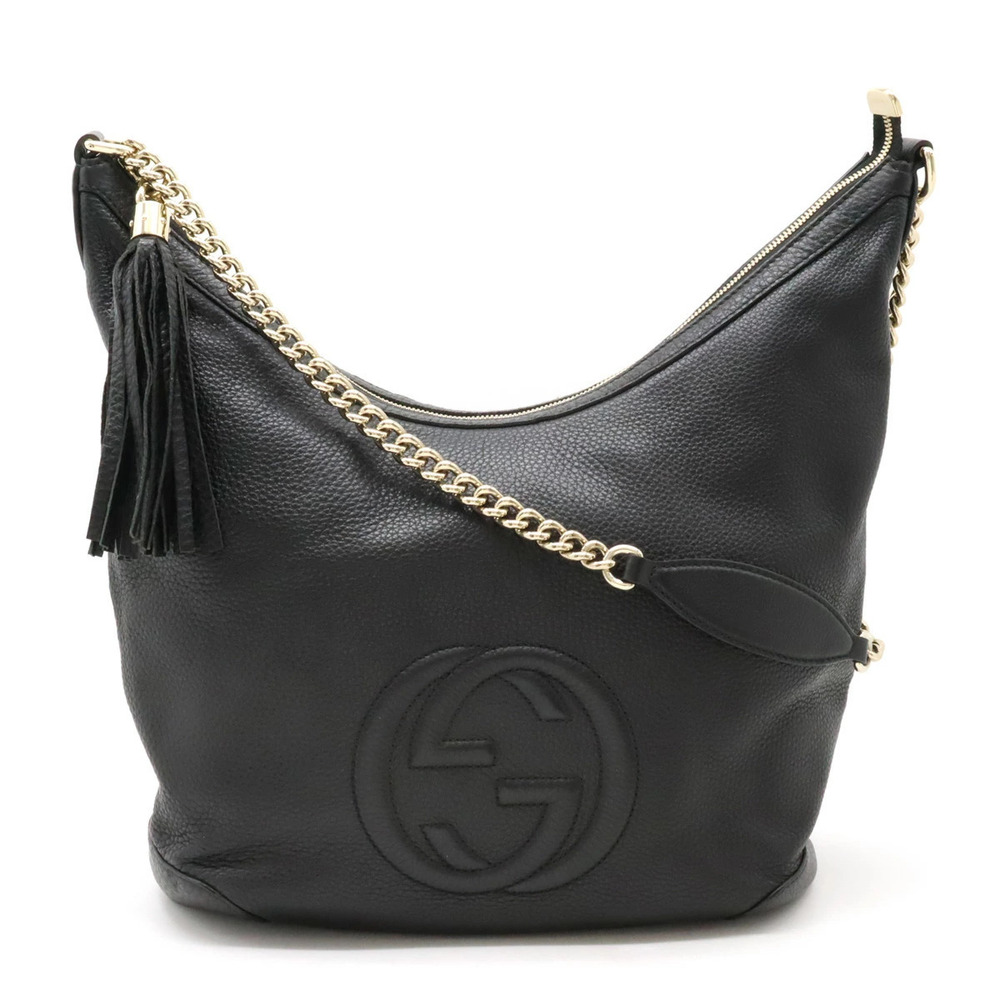 GUCCI Soho Interlocking Chain Bag Shoulder Tassel Fringe Leather Black